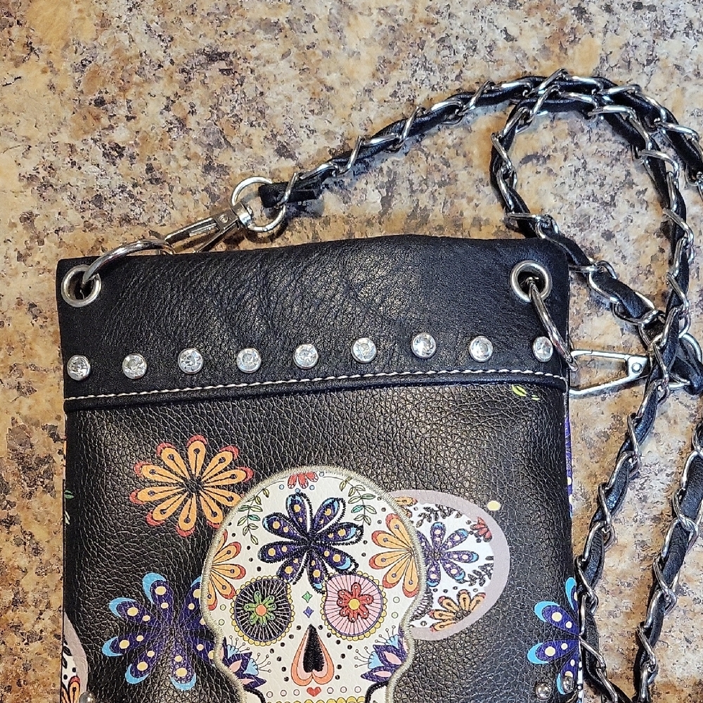 Black Day of the Dead Crossbody Purse with Rhinestones